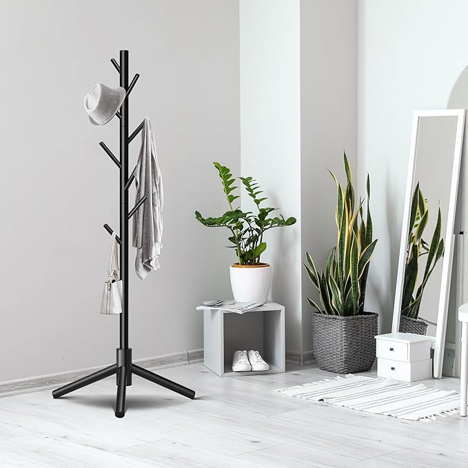 Durable Wooden Coat Rack, Freestanding Coat Rack with Stable Triangular Base, 8 Hooks & 3 Adjustable Heights, Simple Assembly for Bedroom, Hallway, Office(New Black)-NeatNest