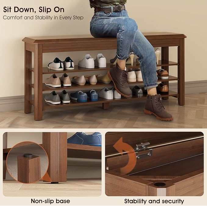 Shoe Rack Bench Seat Rubberwood 3-Tier Wooden Storage Bench 550lbs Compact Mid-Century Modern Design for Entryway, Hallway, Closet, Front Door Entrance, Foyer