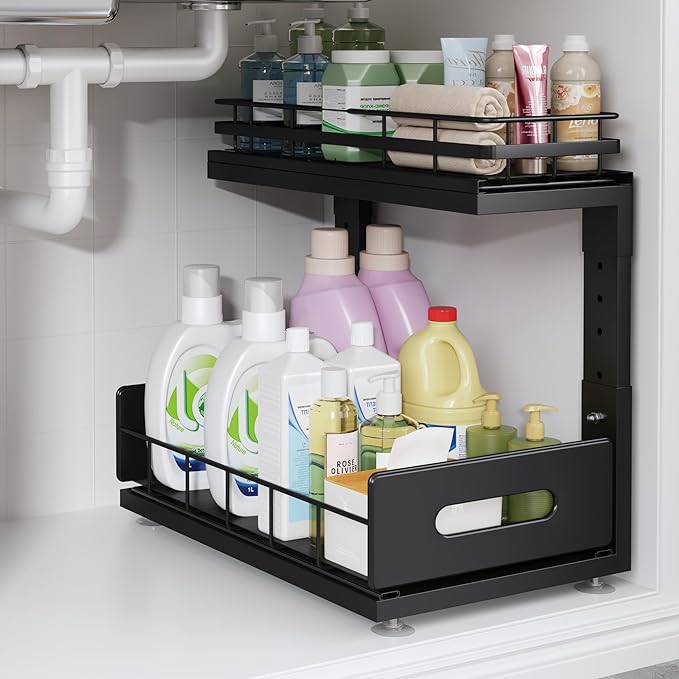 1 Pack Under Sink Organizer Upgrade To Professional Rails,2-Tier Dual Pull Out Cabinet Storage,Height Adjustable Slide Out Drawers For Bathroom Kitchen,Under Sink Shelf-Black-NeatNest