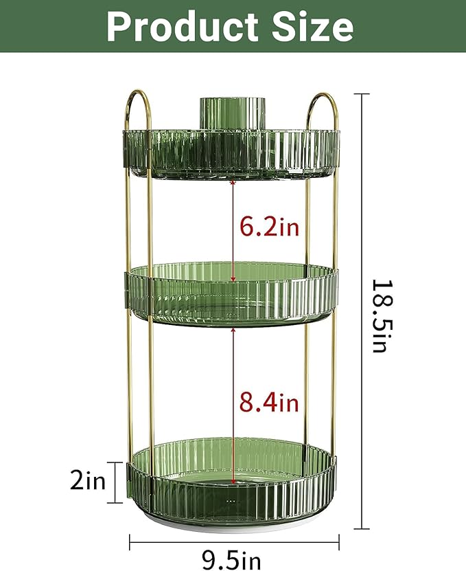 360 Rotating Makeup Organizer,3 Tier Large Capacity Make Up Organizers and Storage,Skincare Perfume Vanity Organizers,Bathroom Cosmetics Storage Organizer Countertop (Green)-NeatNest