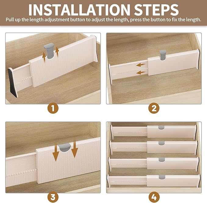 Drawer Dividers Organizer 8 Pack, Adjustable Separators 4" High Expandable from 11-17" for Bedroom, Bathroom, Closet, Clothing, Office, Kitchen (Beige, 8 PACK)-NeatNest
