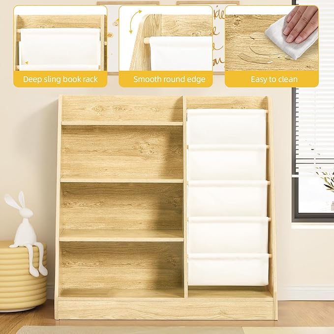 4-Tier Kids Wooden Bookshelf and Toy Storage, 4 Layer Sling Children Bookcase, Book Display Shelf for Kids Bedroom, Playroom, Nursery, Classroom