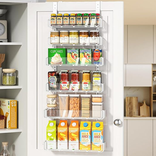 Delamu Adjustable Over the Door Pantry Organizer with Clear Acrylic Panel, 6-Tier Pantry Organization and Storage for Kitchen, Hanging Spice Rack Seasoning Shelves for Cabinet, Easy Install, White-NeatNest