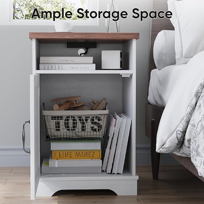 Farmhouse White Nightstand with Charging Station, Bedside Table with Storage, Rustic Side End Table with Walnut Top, Night Stands with Open Shelf for Bedroom