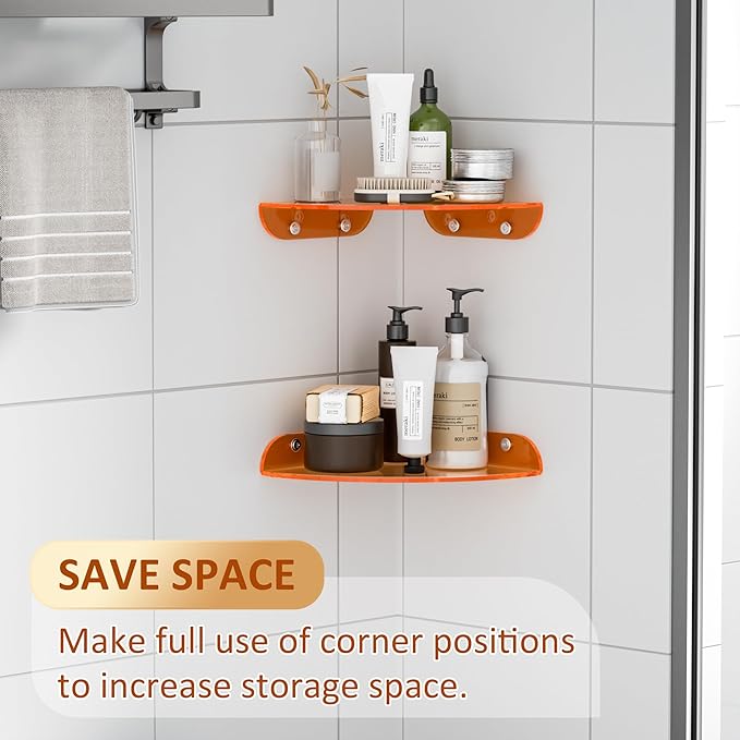 9.5x9.5 Inch Acrylic Corner Floating Shelf Set of 2, Orange Corner Wall Shelf for Home Décor, Speakers, Security Cameras, Toileries, Plants, Figures, Cosmetics, Books