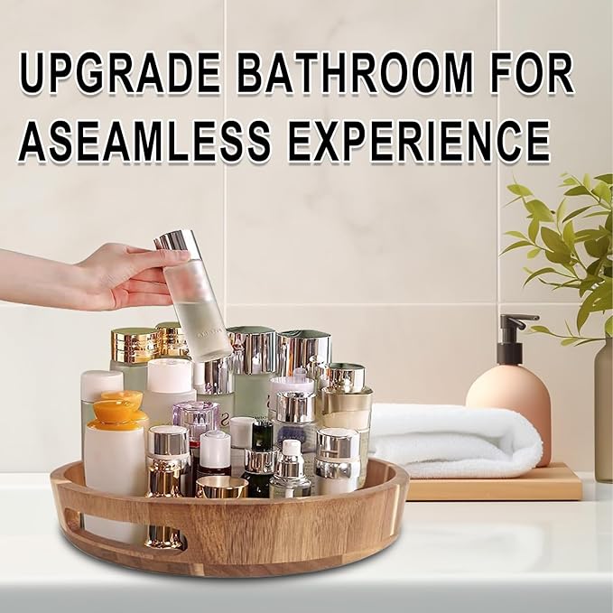 Acacia Wooden Lazy Susan for Table Top-12 Inch Wooden Lazy Susan Turntable with Double Handle-Large Acacia Wooden-Spice Organizer for Countertop, Table, Cabinet