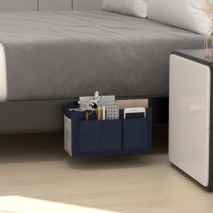 Bedside Caddy Bedside Organizer with Fixed Straps & Water Bottle Holder, Bunk Bed Caddy ideal for Home, Dorm, Hospital, Crib, Versatile Bedside Storage Solution (Navy 2pcs)-NeatNest