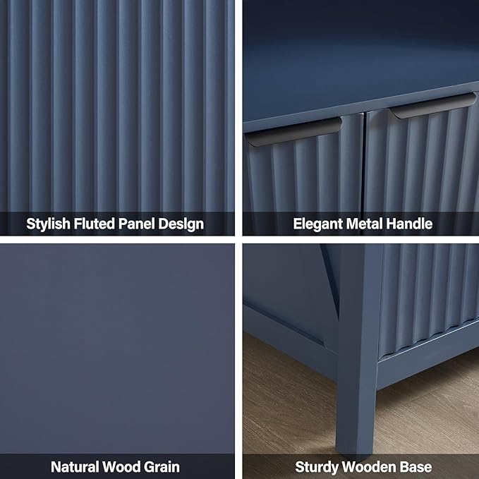 32 Inch Fluted Sideboard Buffet Cabinet with Storage, Modern Farmhouse Accent Credenza with Adjustable Shelves, Coffee Wine Bar Organizer for Kitchen, Entryway, Living Room, Navy Blue