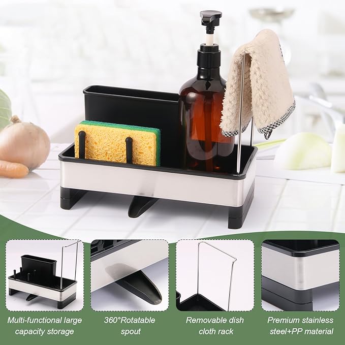 Dish Sponge Holder - Stainless Steel & PP Sink Caddy, 360° Rotatable Self-draining, Space-Saving Kitchen Sink Organizer with Removable Dish Cloth Rack (Black)-NeatNest