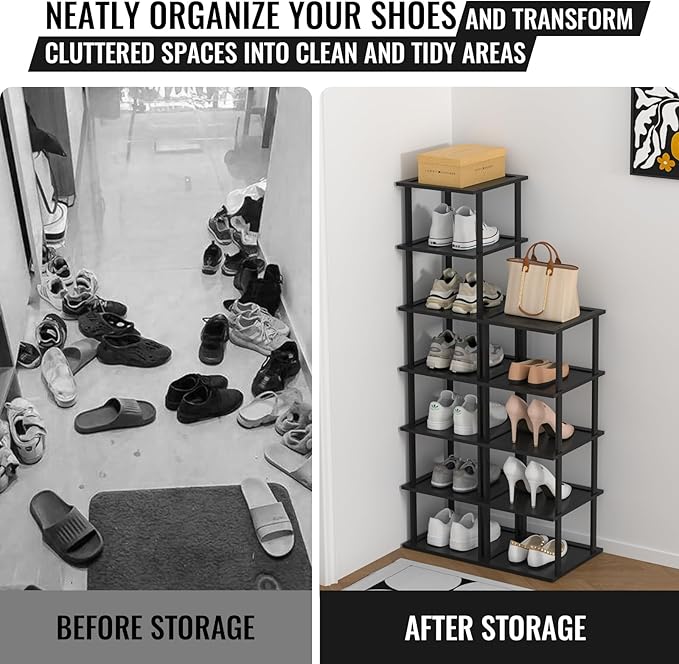 Bamboo Free Standing Shoe Rack Shelf Multi Tier Tall Wooden Stackable Shoes Rack Organizer for Closet Front Door Entrance Narrow Vertical Shoe Storage Rack for Corner Stand (Black, 12 Tiers)-NeatNest