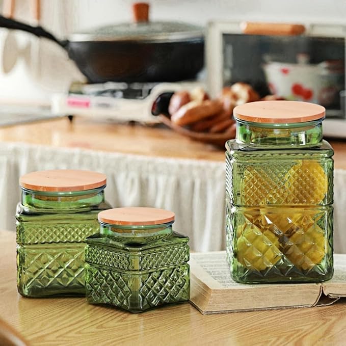 61oz Square Glass Canister, Candy Jar with Lid, Glass Food Storage Container for Ground Coffee, Tea, Sugar, Decorative Mason Jar Cookie Jars (Green)