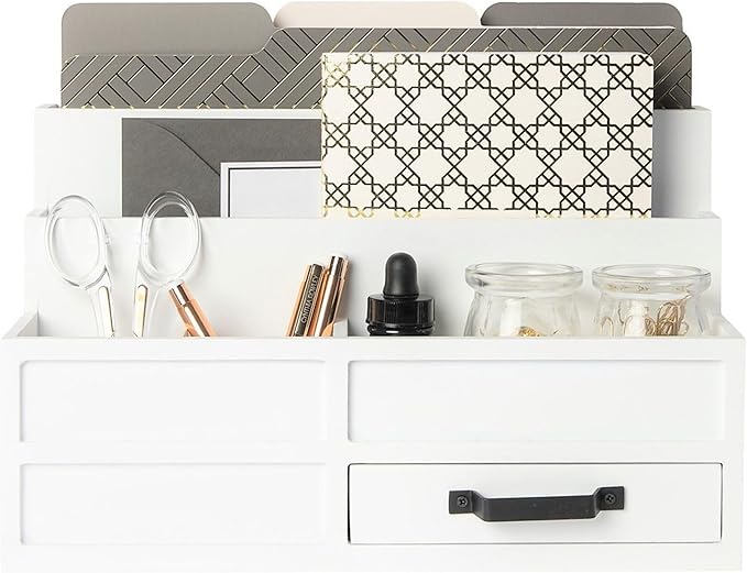 BLU MONACO White Desktop Organizer with Drawer – Paper Wood Bill & Mail Organizer for Office Desk, Countertop & Workspace Storage-NeatNest