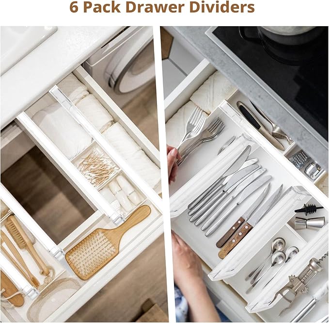 6 Pack Drawer Dividers for Clothes, 4" High 10"-17" Adjustable Drawer Dividers Expandable Dresser Drawer Organizer, Clear Drawer Separators for Clothes, Underwear, Cosmetic, Kitchen Utensils Storage-NeatNest