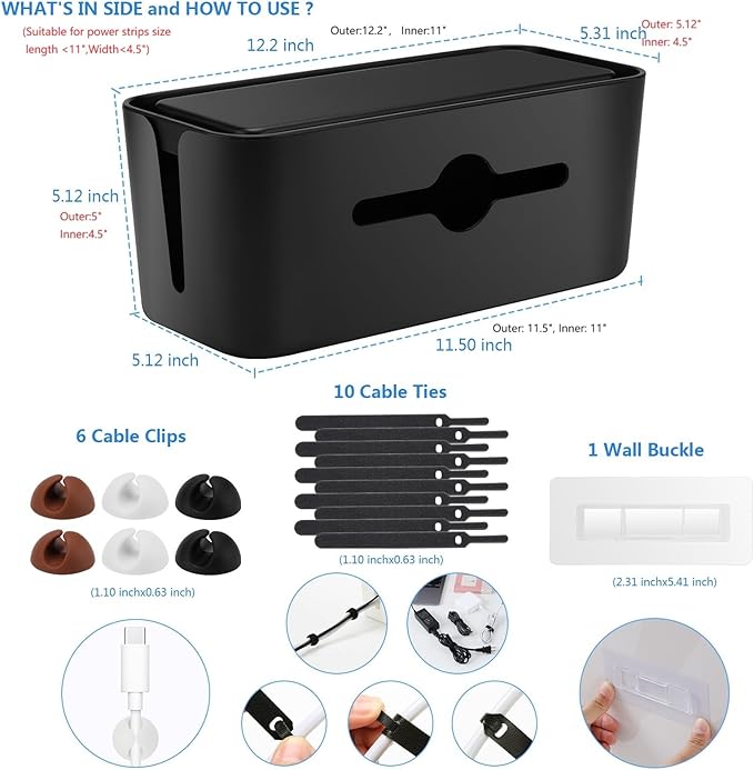 Cable Management Box,Cord Organizer Box for Desk Floor Cable Hide,Cable Box Organizer to Cover The Power Strip Cord Wires for Home Office,Black