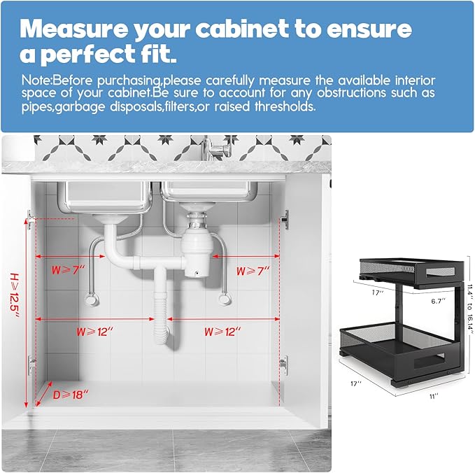 2 Pack 17IN Depth Under Sink Storage Organizer, Large 2-Tier Elegant Mesh Pull Out Shelf for Kitchen and Bathroom Cabinet Organization, L-Shaped and Adjustable Height Design-Black-NeatNest