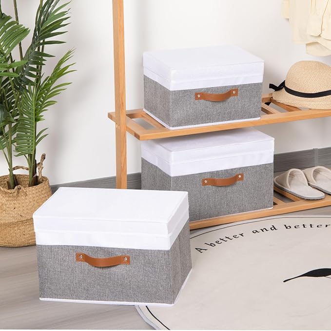 Fabric Storage Boxes with Lids, Linen Foldable Cloth Baskets, 17.7 x 11.8 x 11.8 Inch Closet Organizer Containers with Double Handles, Sweater Bins for Bedroom, White and Grey, 1 Pack-NeatNest