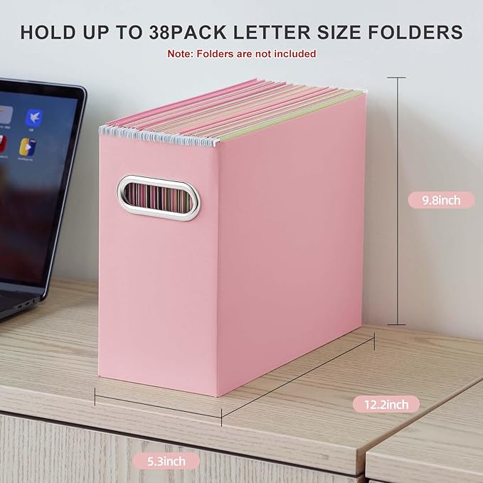 Oterri File Organizer, 2 Packs Small Storage Box, Cardboard File Folder Organizer, Collapsible File Box for Hanging File Folders Letter Size, Portable Filing Organizer with Handle(Pink)