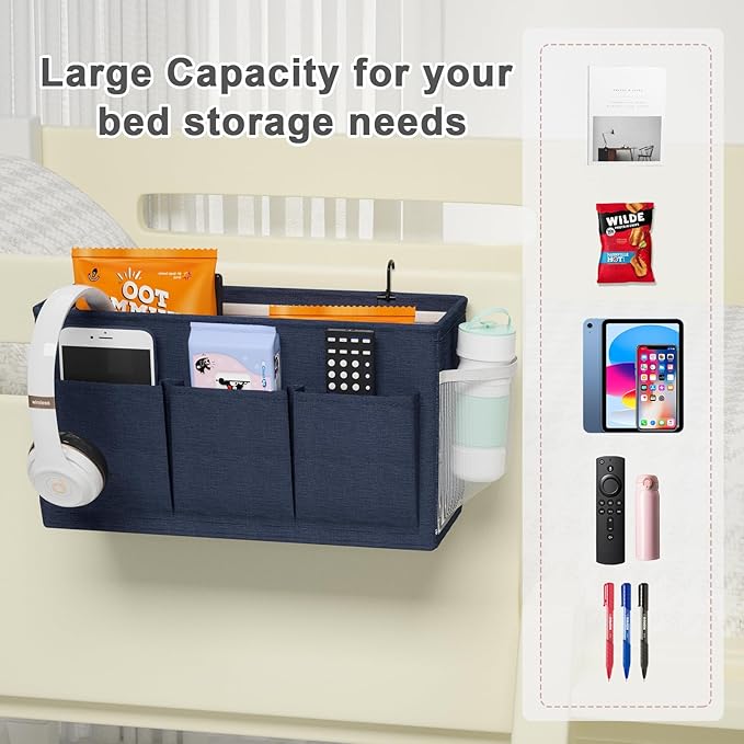 Dual-purpose Bedside Caddy Bedside Organizer, Bed Caddy with 6 Pockets, Versatile Bedside Storage Solution Magazine Remotes holder, ideal for Home, Dorm, Hospital, Crib Bed (Navy)-NeatNest
