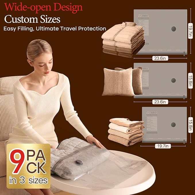 9 Packs Rechargeable Pump Vacuum Bags for Travel Packing, Carry-on Size Vacuum Seal Bags for Luggage and Suitcase Compression, Space Saver for Clothes and Clothing Organization-NeatNest