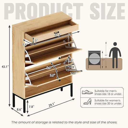 Brafab Shoe Storage Cabinet with 2 Flip Drawers&1 Small Drawer, Slim Entryway Shoe Organizer with Fluted Panel Doors for Sneakers,Light Beige-NeatNest