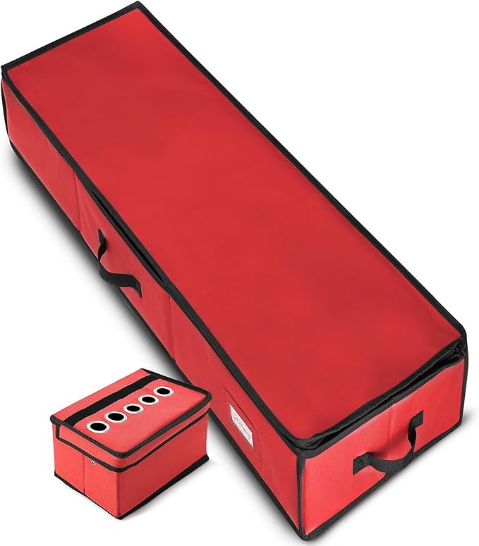 Hearth & Harbor Wrapping Paper Storage Container - Christmas Storage Bag with Ribbon Dispenser and Interior Pockets - Gift Wrap Organizer Fits Up to 26 Rolls of 40" Length, Red-NeatNest