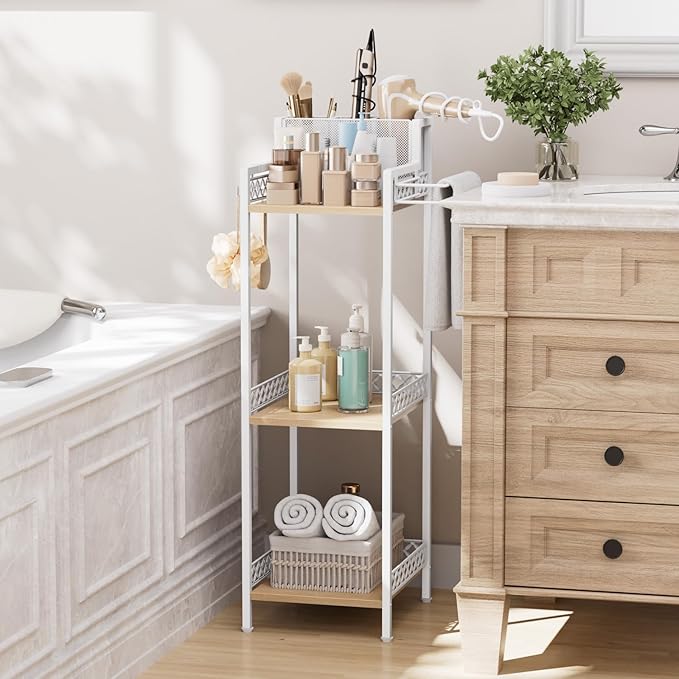 Bathroom Storage shelvesHair Dryer Holder 9.85in White, 3-Tier Narrow Metal Standing Rack with Toilet Paper Holder Cabinet, Multifunctional Corner Unit Stand for Cosmetic Curling Irons Tower-NeatNest