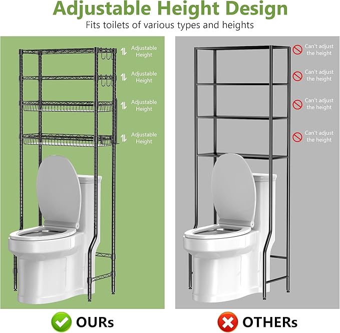 4-Tier Over The Toilet Storage, Bathroom Shelves with 6 Hooks, Metal Over Toilet Organizer with Adjustable Shelf and Basket, Freestanding Rack Space Saver for Bathroom, Laundry, Black