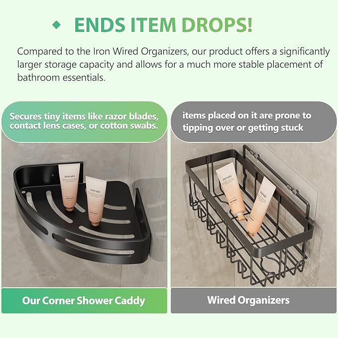 Adhesive Shower Corner Caddy,2-Pack Heavy Duty Shower Corner Shelves Rack with 8 Hooks and 1 Towel Bar,Rustproof Bathroom Organizer No Drilling Wall Mounted