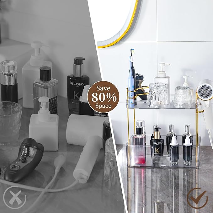 Bathroom Counter Organizer, Large Makeup Organizer Countertop, Shelf Storage, Vanity Tray, Easily Assemble for Bathroom Organizers and Storage, Undersink, Cabinet, 2 Tiers Clear-NeatNest