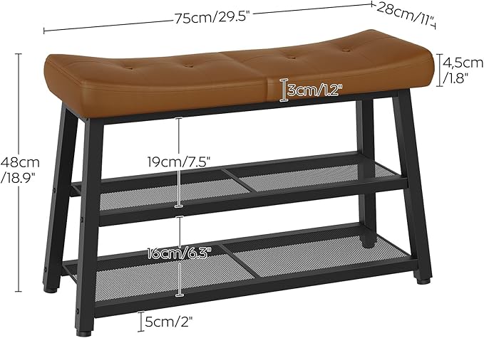 Shoe Bench, 3-Tier Shoe Rack, Entryway Bench with Storage and Cushion, for Hallway, Foyer, Bedroom, Brown and Black HX02BV