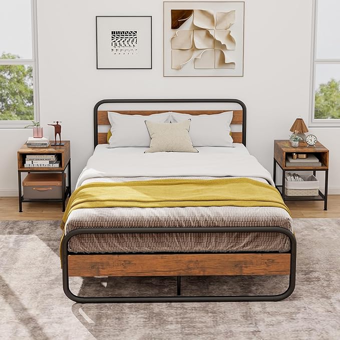 Giantex 2-Tier Side Table Set of 2, Industrial End Table with Open and Mesh Storage Shelf, Stable Metal Frame, Telephone Table for Small Space, Bedside Table Night Stand for Living Room, Rustic Brown
