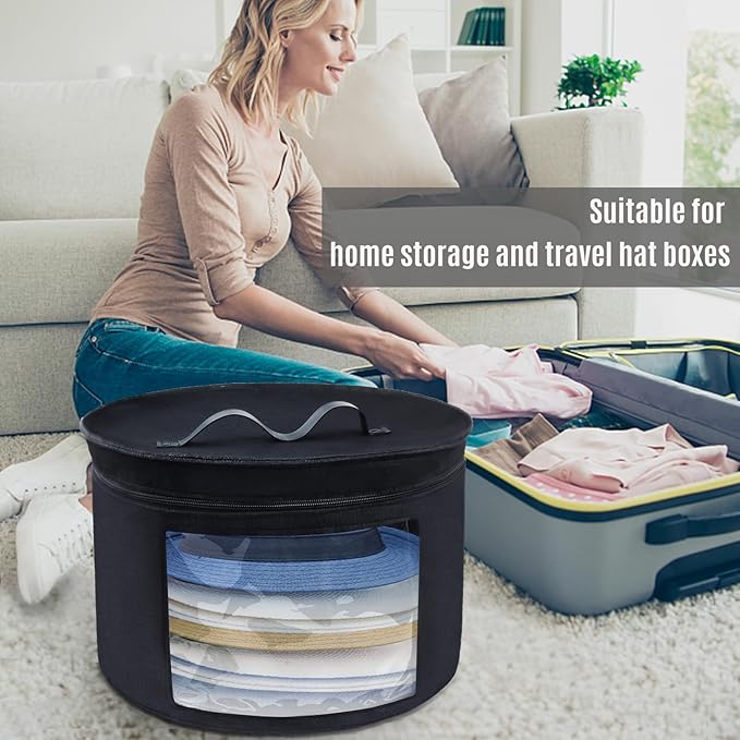 Hat Box, Hat Boxes for Women/Men Storage, 17" D x 10" H, Round Hat Storage Box Container for Closet, Clothes Storage Bin for Stuffed Animal Toy, Foldable Hat Box for Travel with Dustproof Lid (Black)-NeatNest