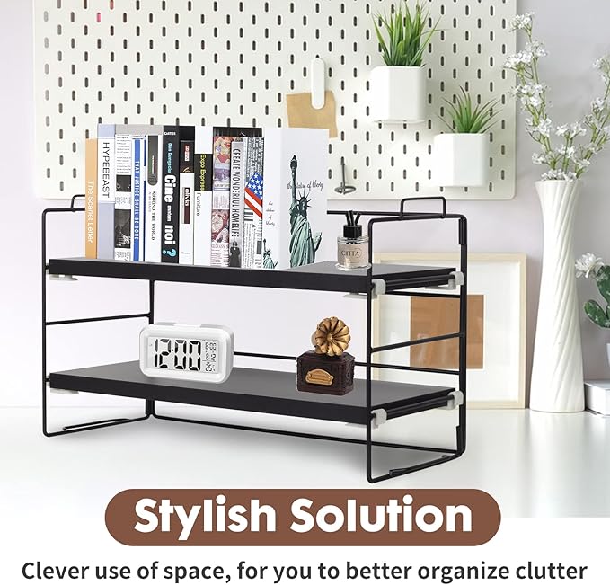 ShellKingdom Desk Shelf Organizer, 2 Tier Desktop Shelves, Adjustable Bookshelf Storage Rack and Office Cubicle Decor for Tabletop, School, Office, Dorm Organization (Black)-NeatNest