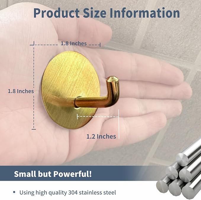 Adhesive Hooks Heavy Duty Waterproof in Shower Hooks for Hanging Loofah, Towels, Clothes, Robes for Bathroom Removable Adhesive Wall Hooks Door Hook Stainless Steel Stick on Hooks 4 Pcs (Gold)