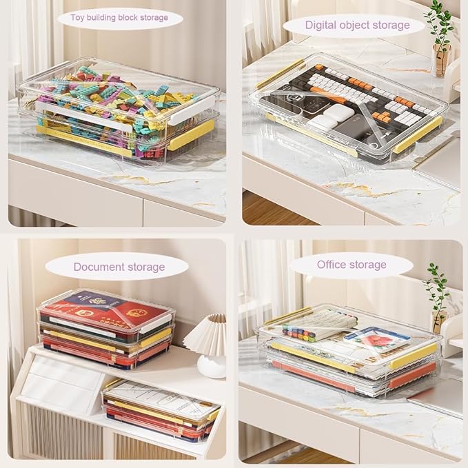 2 Pack Clear Plastic File Boxes w/Latching Lids, Stackable A4 Storage (White Latches, Large)