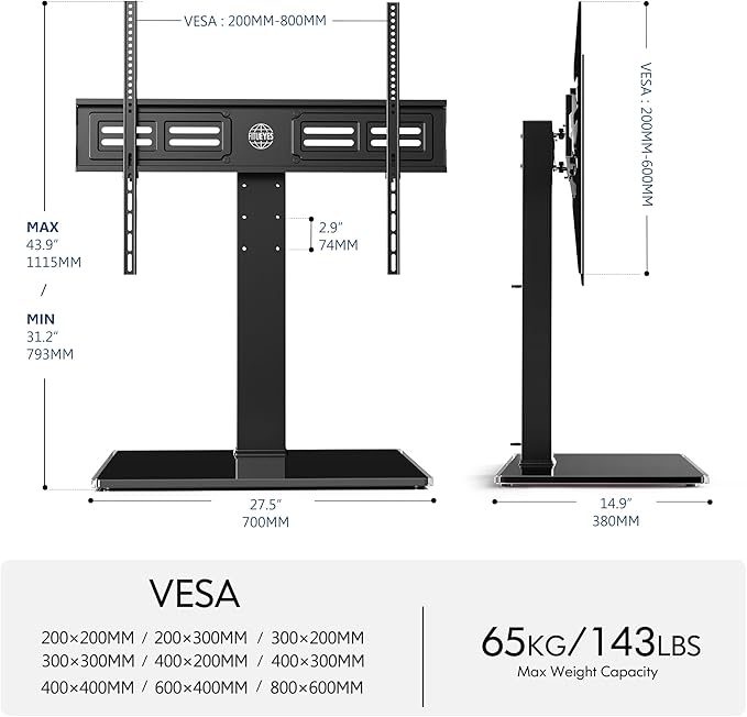 FITUEYES Universal TV Stand with Swivel Mount for 50-85 inch Flat Screens - Height Adjustable Tempered Glass Base Holds up to 143 lbs