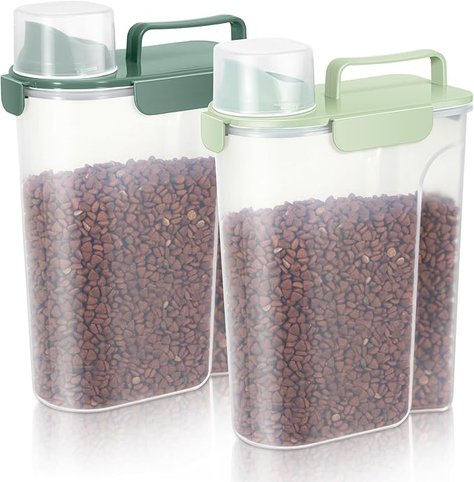 Dog Food Storage Container, Upgraded Large Nozzle BPA-free, 8-12 LBS Plastic Pet Food Storage Containers, With 4 Sealed Clasps, 1 Measuring Cup and Handle (2, Green+Dark Green, 5L)-NeatNest