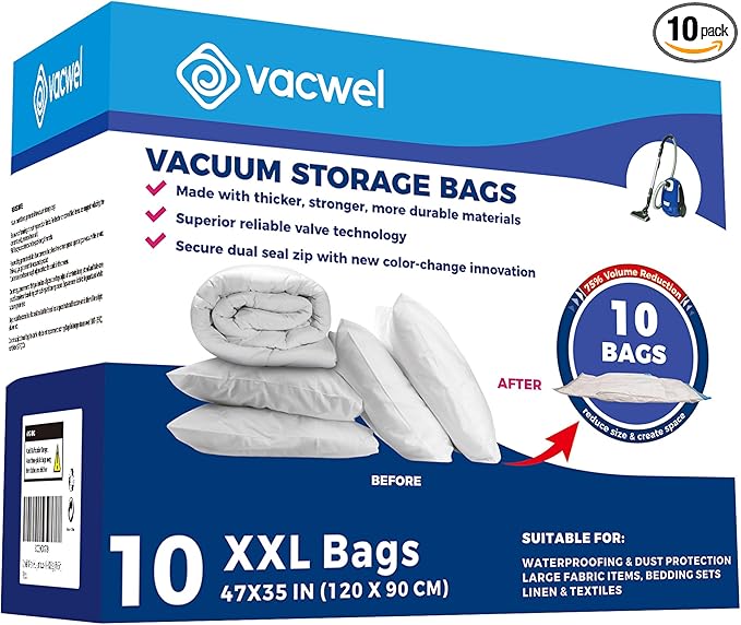 10-Pack XXL - Jumbo Vacuum Storage Bags - Space Vacuum Storage Bags for Clothing Space - Ideal for Comforters, Blankets & Sealing Large Oversize Clothing Post-Winter - 10x XXL Size (47x35in)