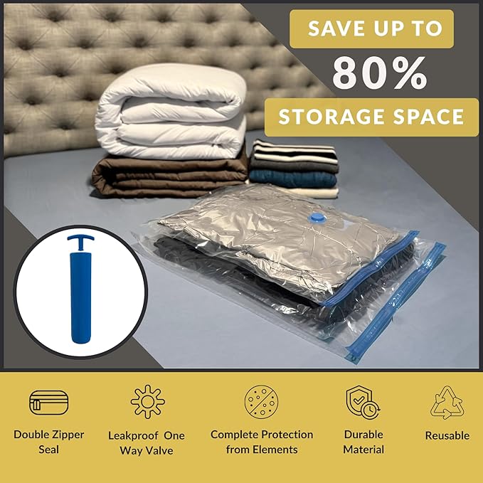 4 Mega Jumbo XXL Vacuum Storage Bags with Pump (47x35in), Supersized Compression Space Saver for Comforter, duvet, Bedding, Blanket storage, Vacuum Seal Bags for Clothing, Stuffed Toy, Cushions-NeatNest