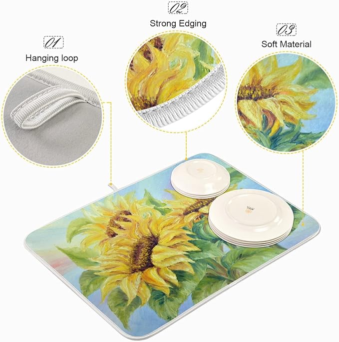 Absorbent Dish Drying Mat for Kitchen Counter - Oil Painting Sunflower Microfiber Drying Pad, Reversible Drainer Mats for Countertop, Small 16" x 18"