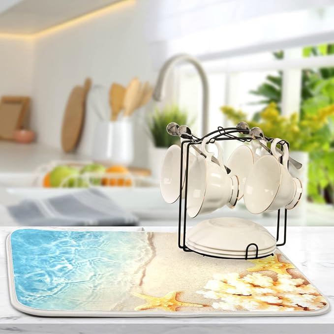 Absorbent Dish Drying Mat for Kitchen Counter - Starfish Coral Summer Microfiber Drying Pad, Reversible Drainer Mats for Countertop, Large 18" x 24"