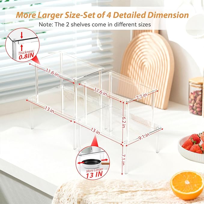 Acrylic Cabinet Organizer Shelf-4 Pack,Stackable Spice Rack Organizer for Cabinet,Clear Shelves for Kitchen Organizers and Storage-NeatNest