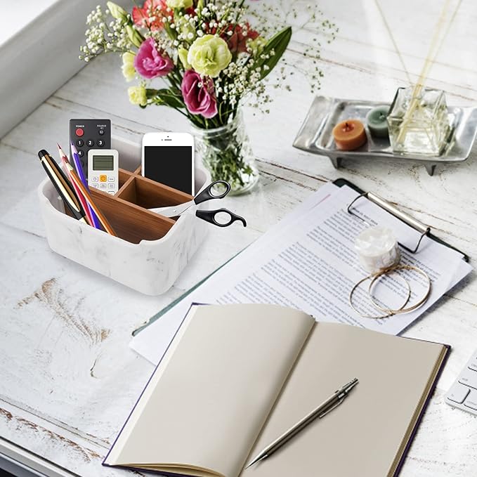 Desk Organizer, Marble Remote Holder for Table, Modern Office Controller Pen Phone Holder Organizer, Stylish Caddy and Storage Accessories for Bedside Nightstand Desktop Coffee Table-NeatNest