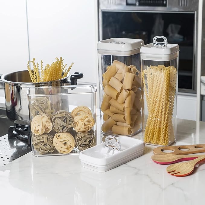 Felli Flip Tite TALL Storage Container with Lid 4" Air Tight Easy Open Ring Top, Clear Acrylic Skinny Canister Jar for Spaghetti Lasagna Fettuccine Noodle, Kitchen Cupboard Pantry Organizer (2.0 qt)-NeatNest