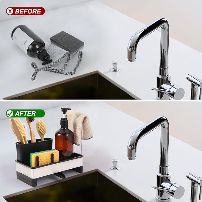 Dish Sponge Holder - Stainless Steel & PP Sink Caddy, 360° Rotatable Self-draining, Space-Saving Kitchen Sink Organizer with Removable Dish Cloth Rack (Black)-NeatNest