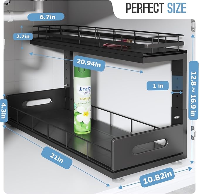 2 Pack 21 IN Depth Pull Out Cabinet Storage With Smooth Rails,2-Tier Dual Pull Out Cabinet Storage For Bathroom Kitchen,Under Sink Shelf-Black-NeatNest