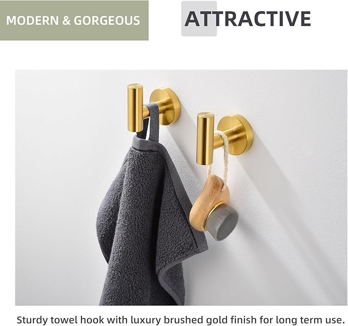 Angle Simple Bathroom Towel Hook 2 PCS, SUS304 Stainless Steel Bath Towel Robe Coat Holder, Heavy Duty Wall Hook, Brushed Gold