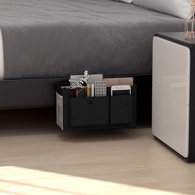 Bedside Caddy Bedside Organizer with Fixed Straps & Water Bottle Holder, Bunk Bed Caddy ideal for Home, Dorm, Hospital, Crib, Versatile Bedside Storage Solution (Black)-NeatNest