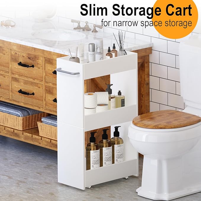 MARTY Wood Rolling Storage Cart 7.9" W, 3 Tier White Slim Utility Kitchen Cart on Wheels Laundry Room Bathroom Organizers Narrow Shelves with Handle Mobile Shelving Unit for Small Places