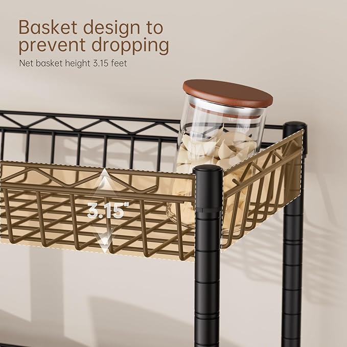 4 Tier Shelf Wire Shelving Unit Adjustable Storage Shelves Big Basket Rack Standing Units for Kitchen Closet Laundry Bathroom Organizers Metal Pantry Mesh 10" D x 16" W x 55" H Black